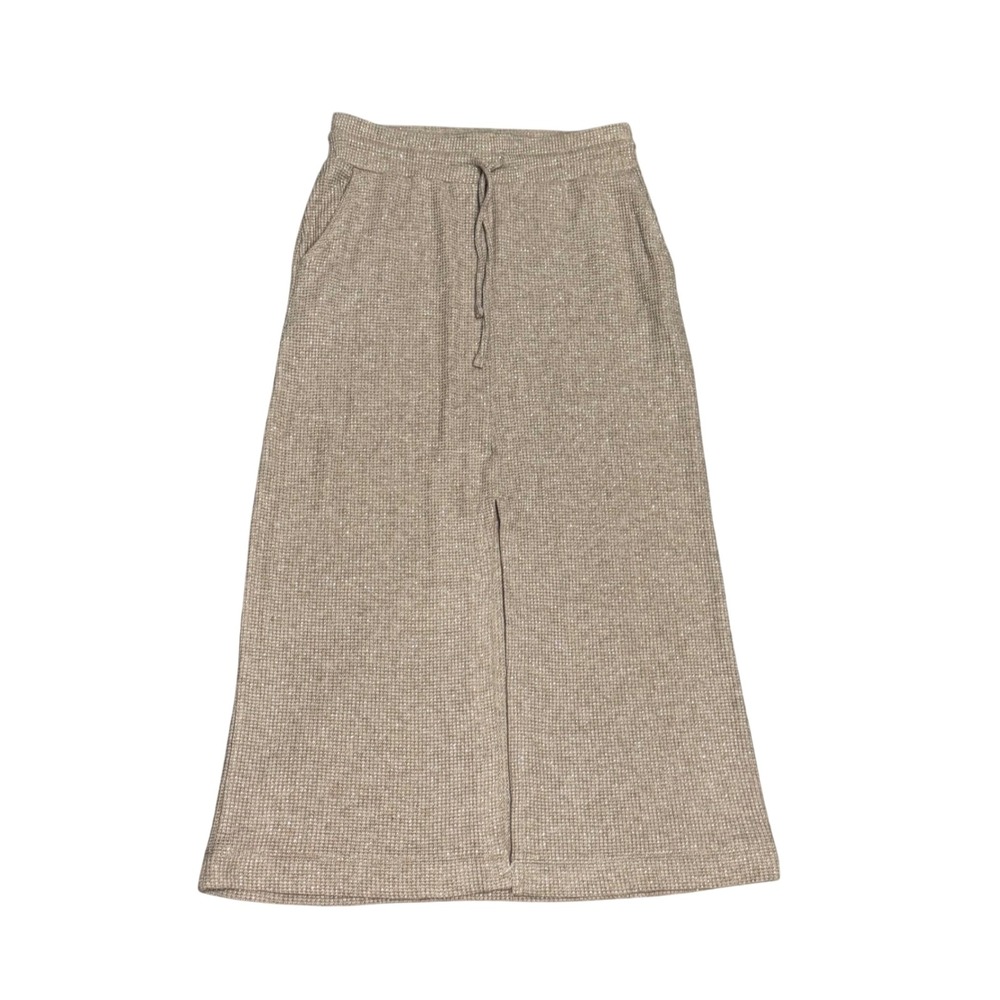 Express Midi Skirt Womens M Tan New Waffle Knit Metallic Drawstring Slit Pockets